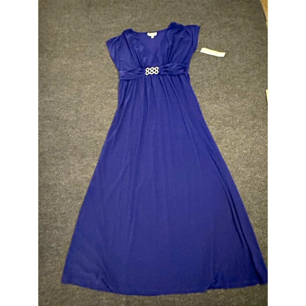 Olivia Matthews Blue Solid Maxi Dress V-Neck Cap Sleeve Rhinestone Accent 12